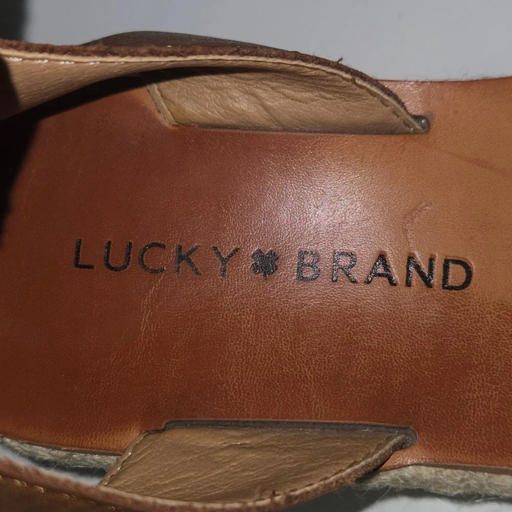 Lucky Brand Joodith Leather Espadrille Platform Wedge Sandals Brown Women 6.5